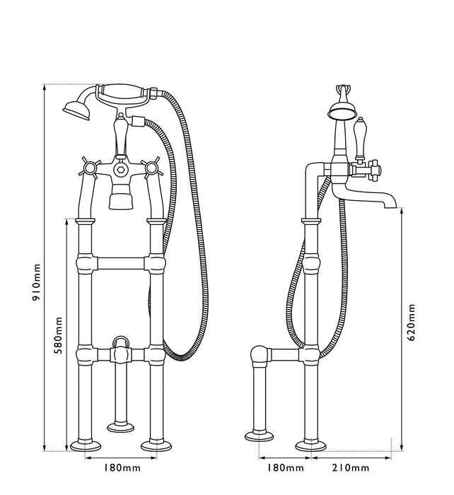 Hurlingham Freestanding Bath Spout & Shower Mixer Taps With Support Leg- 910x180mm
