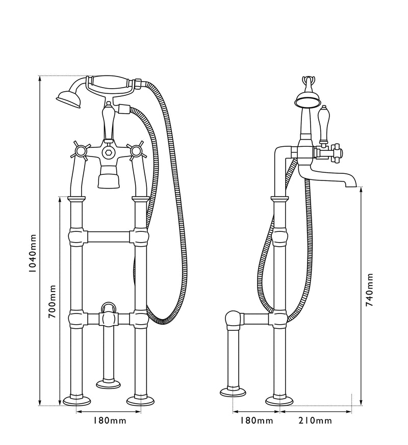 Hurlingham Freestanding Bath Spout & Shower Mixer Taps With Support Leg- 910x180mm