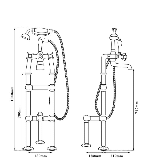 Hurlingham Freestanding Bath Spout & Shower Mixer Taps With Support Leg- 910x180mm