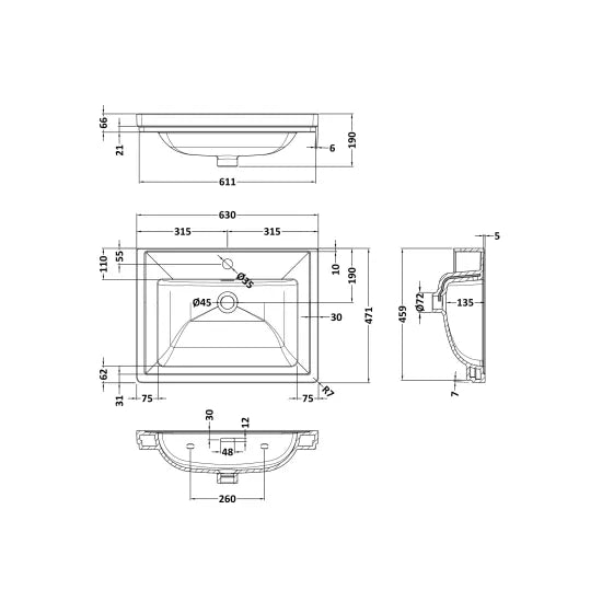 600mm Wall Hung 2-Drawer Unit & Basin Set 1 Tap Hole (Drawer Unit, Basin or Set)
