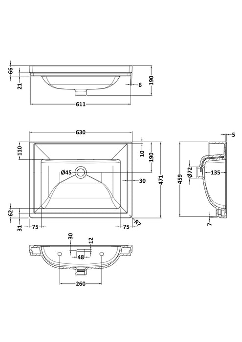 0 Tap Hole 600mm Traditional Fireclay Basin