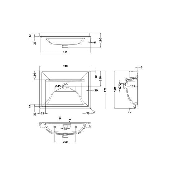 600mm Floor Standing 2-Drawer Unit & Basin Set 0 Tap Hole (Drawer Unit, Basin or Set)