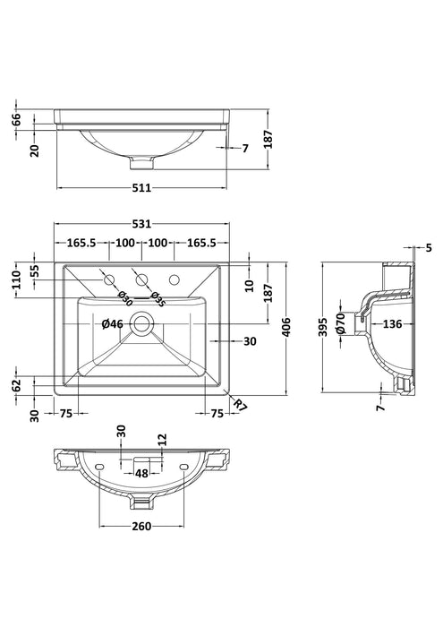 3 Tap Hole 500mm Traditional Fireclay Basin