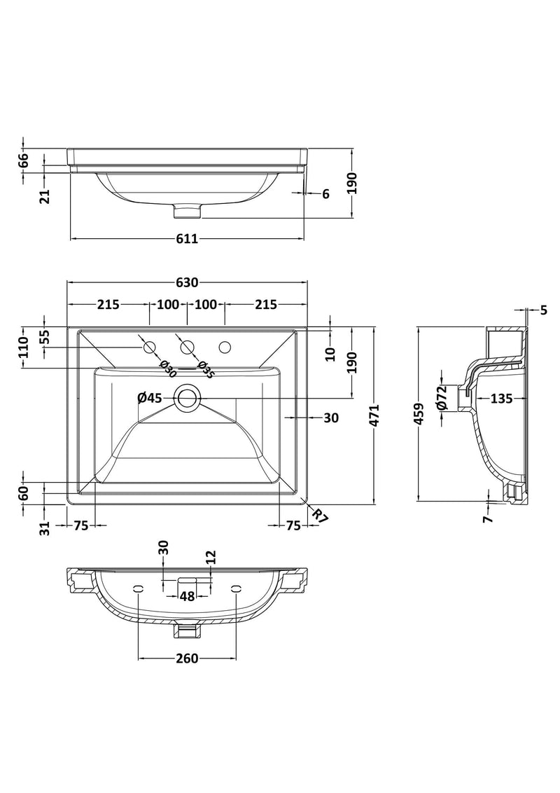 3 Tap Hole 600mm Traditional Fireclay Basin
