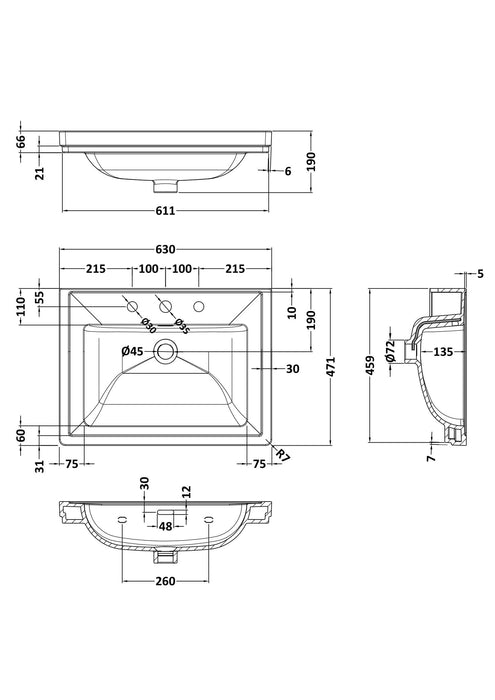3 Tap Hole 600mm Traditional Fireclay Basin