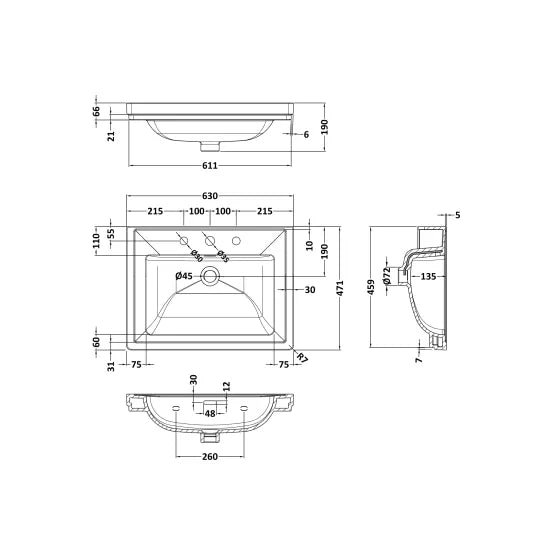 600mm Floor Standing 2-Drawer Unit & Basin Set 3 Tap Hole (Drawer Unit, Basin or Set)