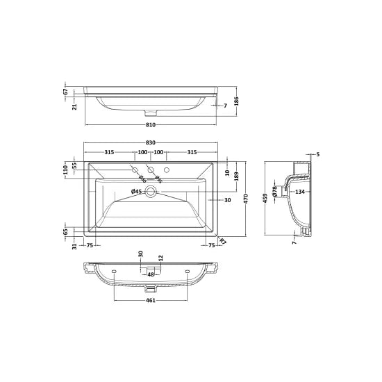 800mm Wall Hung Single Drawer Unit & Basin Set  3 Tap Hole(Drawer, Unit or Set)