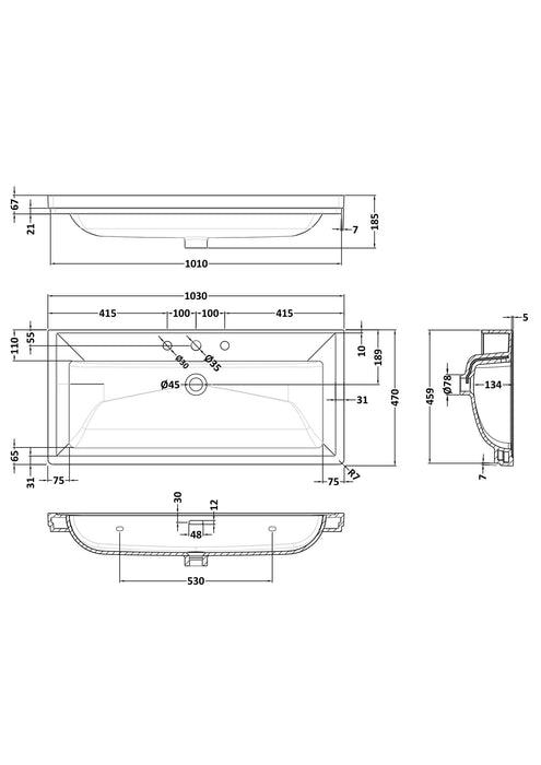 3 Tap Hole 1000mm Traditional Fireclay Basin