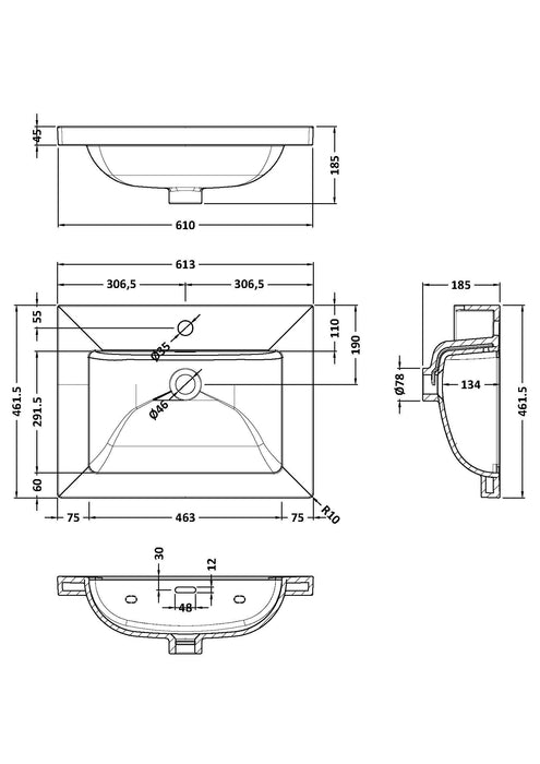 1 Tap Hole 600mm Contemporary Fireclay Basin