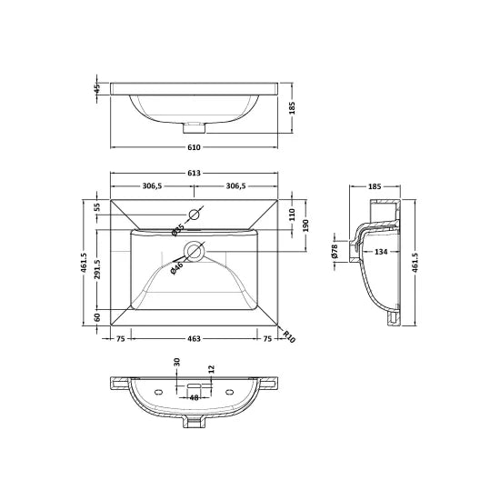 600mm Wall Hung Single Drawer Unit & Basin Set  1 Tap Hole (Drawer, Unit or Set)