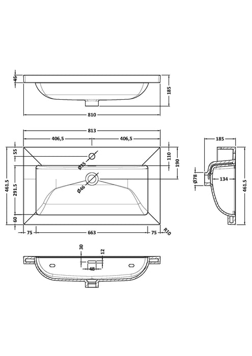 1 Tap Hole 800mm Contemporary Fireclay Basin