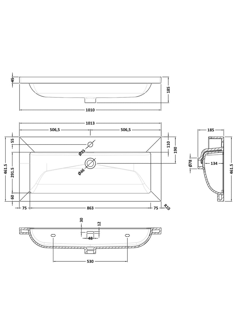 1 Tap Hole 1000mm Contemporary Fireclay Basin