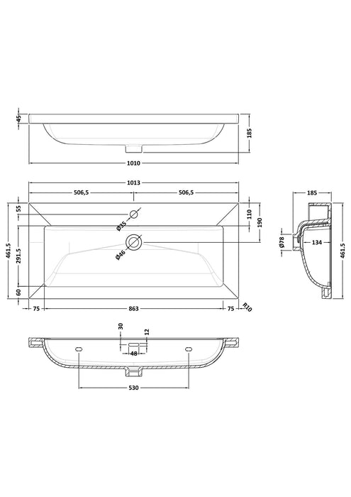 1 Tap Hole 1000mm Contemporary Fireclay Basin