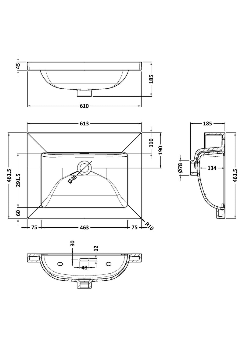 0 Tap Hole 600mm Contemporary Fireclay Basin