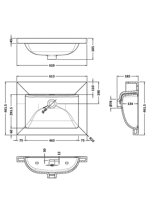 0 Tap Hole 600mm Contemporary Fireclay Basin