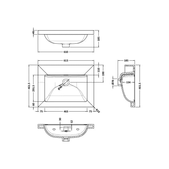600mm Wall Hung 2-Drawer Unit & Basin Set  0Tap Hole (Drawer, Unit or Set)