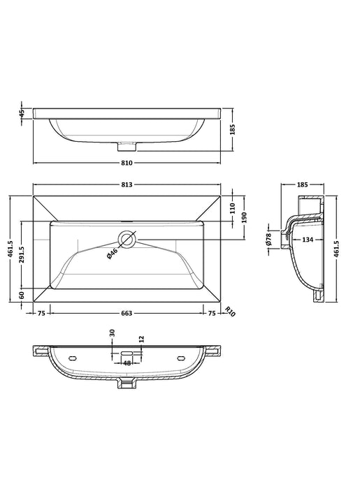 0 Tap Hole 800mm Contemporary Fireclay Basin