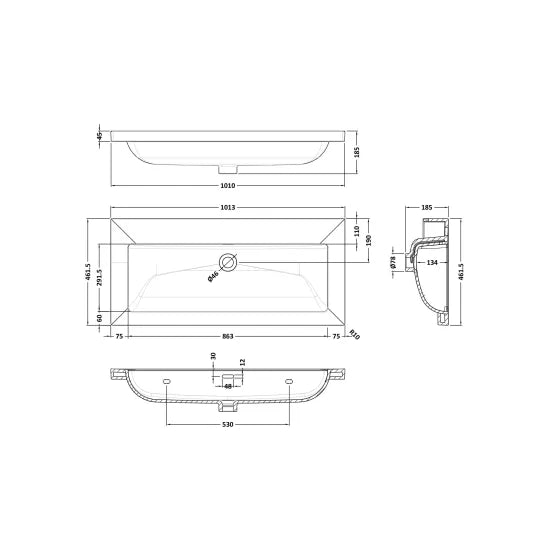 0 Tap Hole 1000mm Contemporary Fireclay Basin