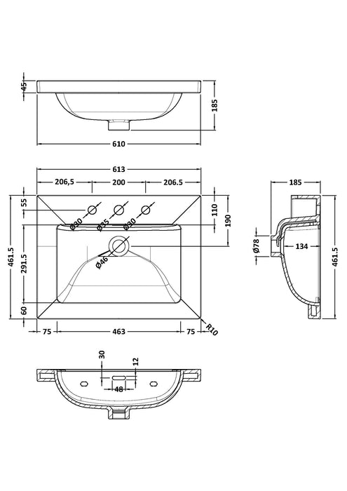 3 Tap Hole 600mm Contemporary Fireclay Basin