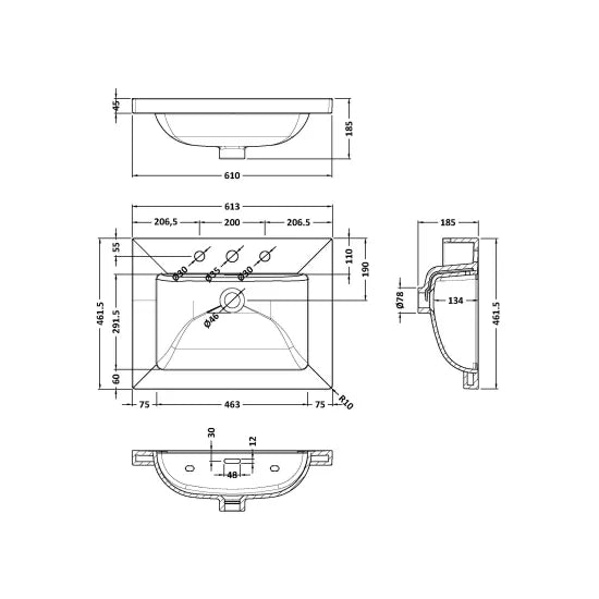 600mm Wall Hung 2-Drawer Unit & Basin 3Tap Hole (Drawer Unit, Basin or Set)