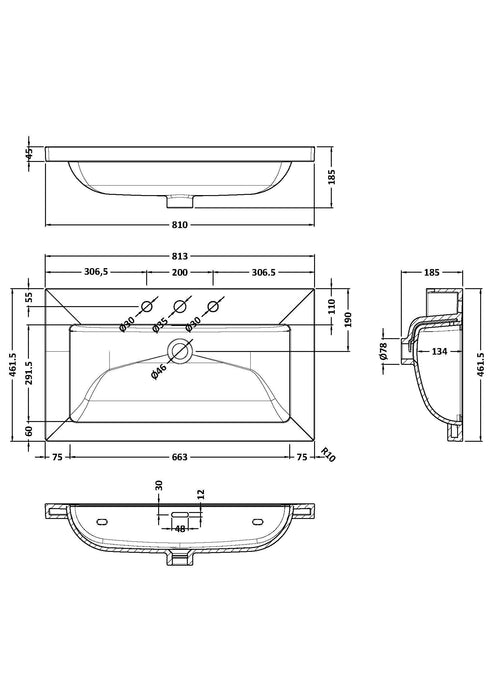 3 Tap Hole 800mm Contemporary Fireclay Basin
