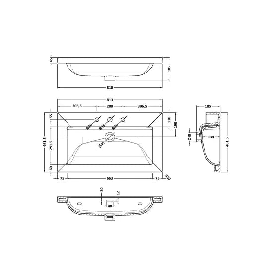 800mm Wall Hung 2-Drawer Unit & Basin 3Tap Hole (Drawer,Unit or Set)