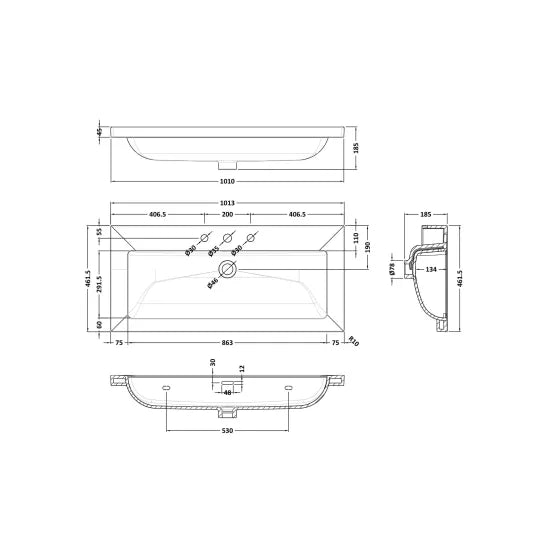 3 Tap Hole 1000mm Contemporary Fireclay Basin