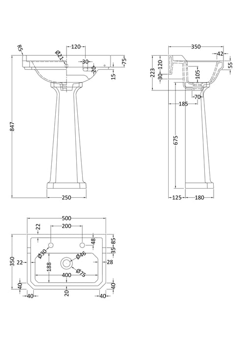 Old London Richmond 2 Tap Hole 500mm Ceramic Basin & Pedestal