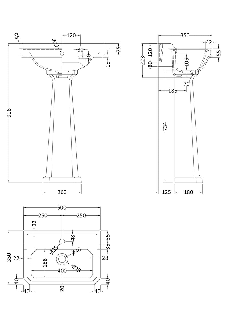 Old London Richmond 1 Tap Hole 500mm Ceramic Basin & Comfort Height Pedestal
