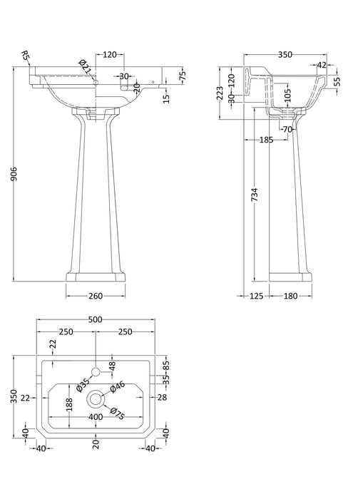 Old London Richmond 1 Tap Hole 500mm Ceramic Basin & Comfort Height Pedestal