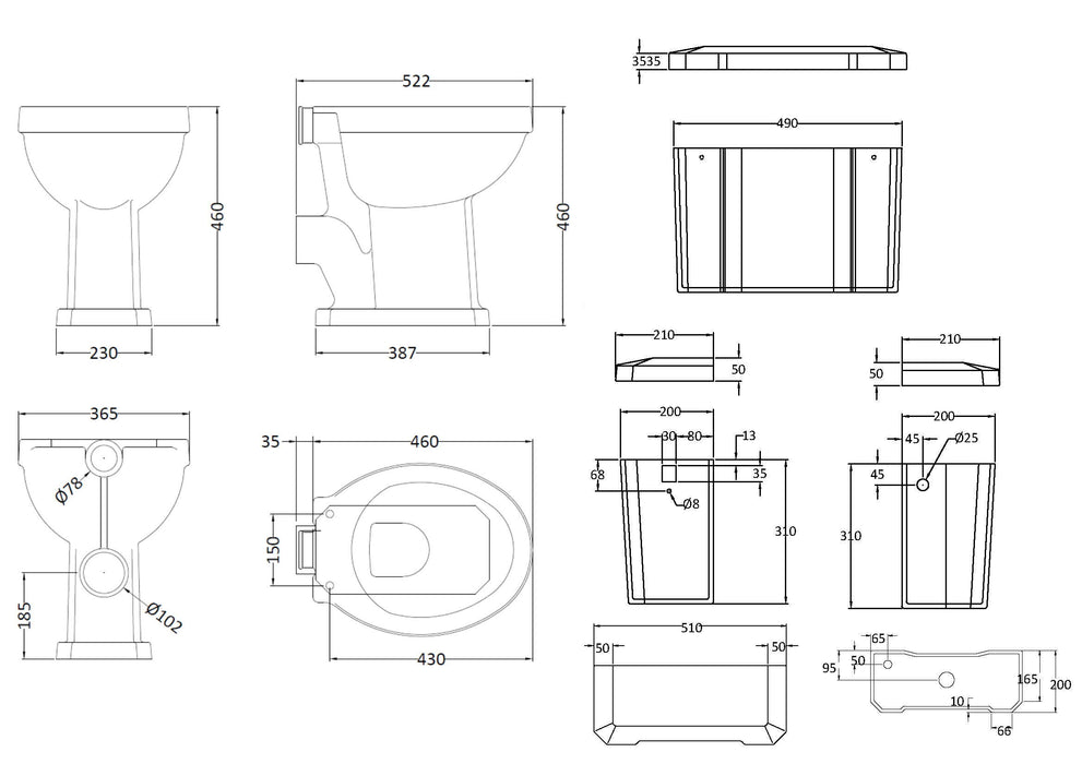 Old London Richmond Comfort Height High Level Toilet With Cistern & Flush Pipe
