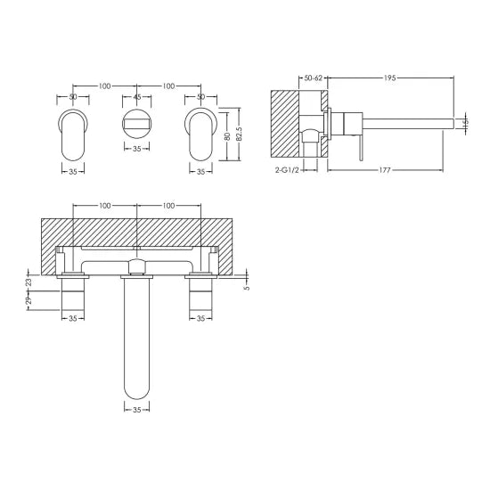 BC Designs Chelmsford  3 Tap Hole Wall Mounted Basin Mixer