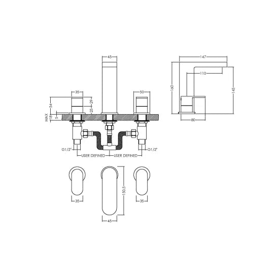 BC Designs Chelmsford  3 Tap Hole Deck Mounted Basin Mixer With Pop Up Waste