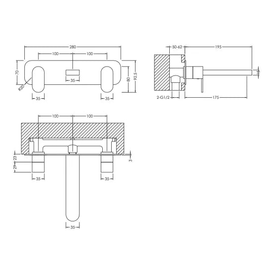 BC Designs Chelmsford  3 Tap Hole Wall Mounted Basin Mixer With Plate