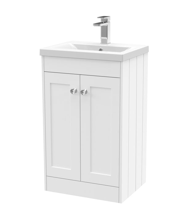 Old London Ashwick Satin White 500mm Floorstanding 2-Door Unit With Mid-Edged Basin