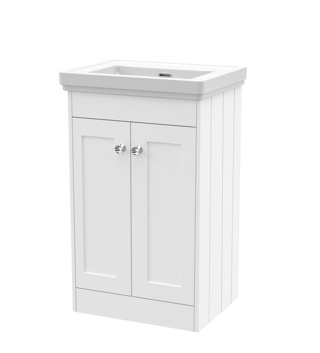 Old London Ashwick Satin White 500mm Floorstanding 2-Door Unit With Basin No Tap Hole