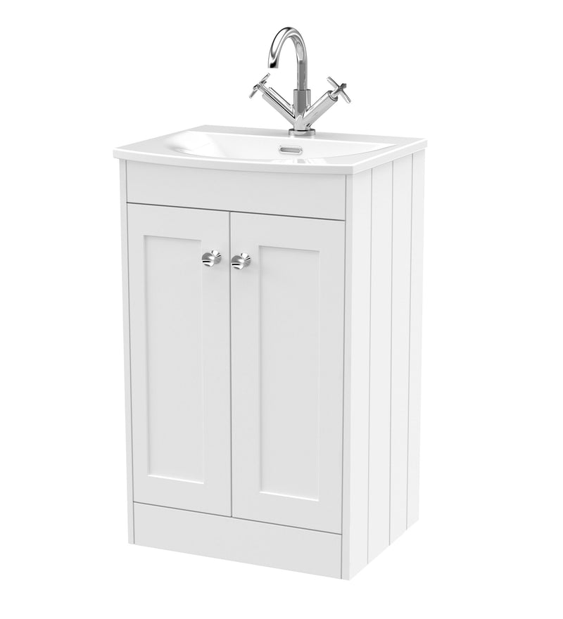 Old London Ashwick Satin White 500mm Floorstanding 2-Door Unit With Curved Basin