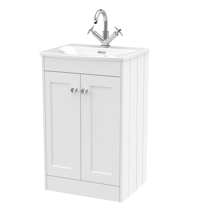 Old London Ashwick Satin White 500mm Floorstanding 2-Door Unit With Curved Basin