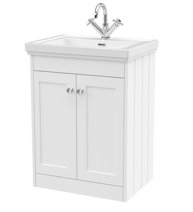Old London Ashwick Satin White 600mm Floorstanding 2-Door Unit With Basin 1 Tap Hole