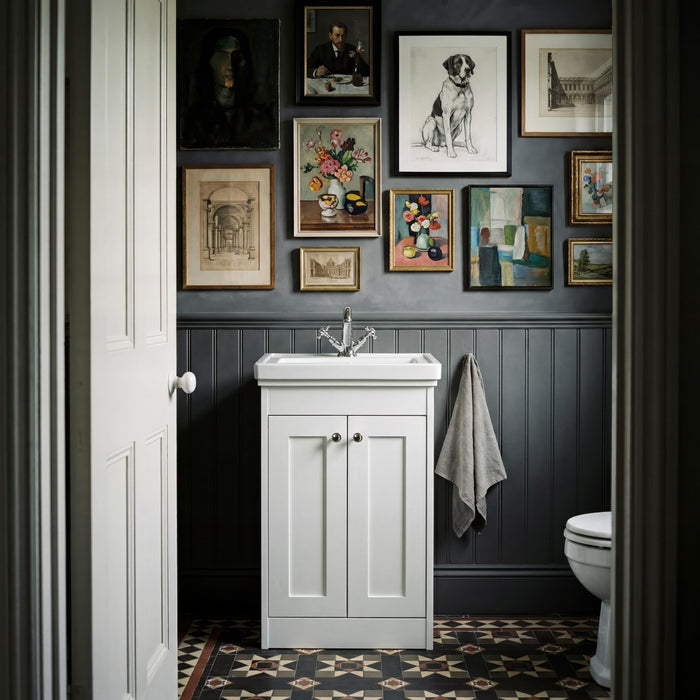 Old London Ashwick Satin White 600mm Floorstanding 2-Door Unit With Basin 1 Tap Hole