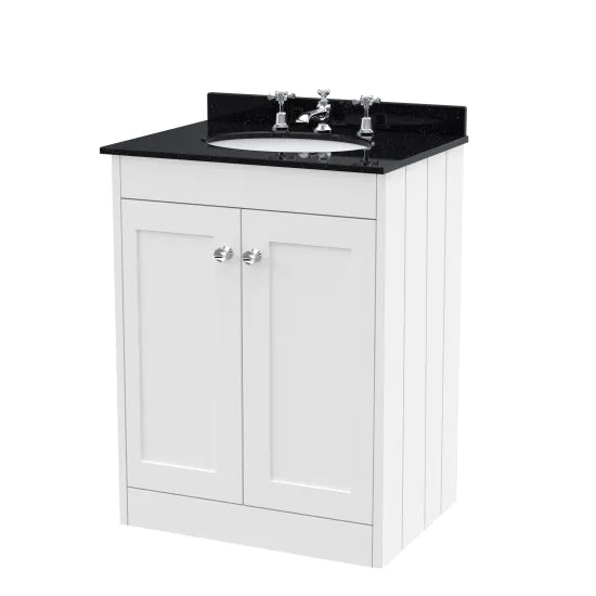 Old London Ashwick Satin White 600mm Floorstanding 2-Door Unit With Marble Top 3 Tap Hole