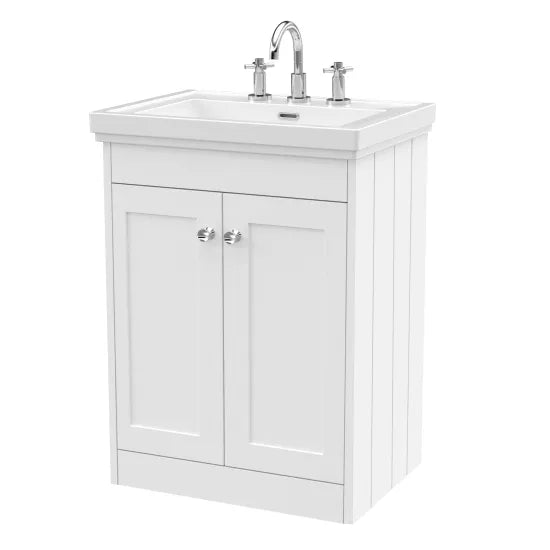 Old London Ashwick Satin White 600mm Floorstanding 2-Door Unit With Basin 3 Tap Hole