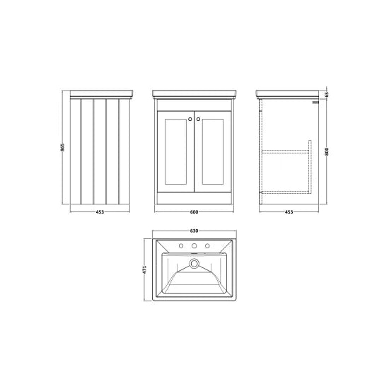 Old London Ashwick Satin White 600mm Floorstanding 2-Door Unit With Basin 3 Tap Hole