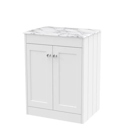 Old London Ashwick Satin White 600mm Floorstanding 2-Door Unit With Marble Top