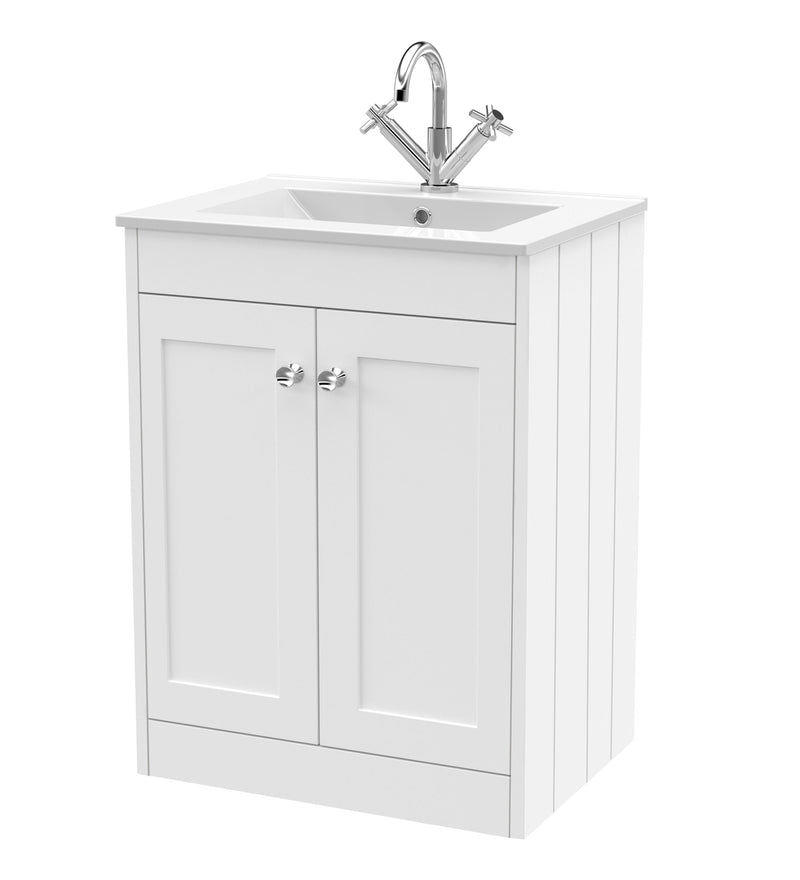 Old London Ashwick Satin White 600mm Floorstanding 2-Door Unit With Basin 1 Tap Hole