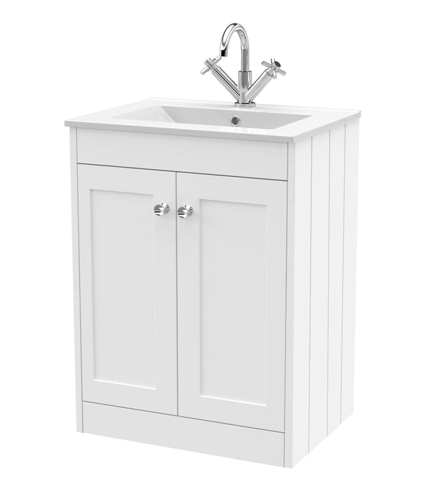 Old London Ashwick Satin White 600mm Floorstanding 2-Door Unit With Basin 1 Tap Hole