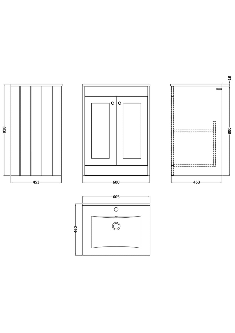 Old London Ashwick Satin White 600mm Floorstanding 2-Door Unit With Basin 1 Tap Hole