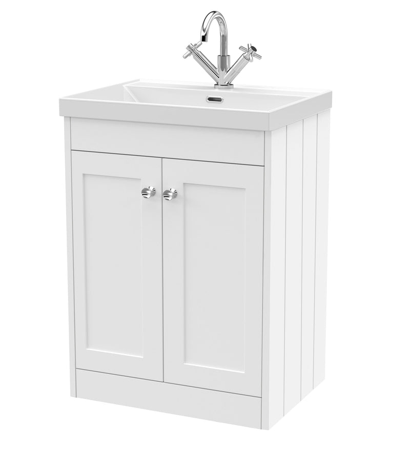 Old London Ashwick Satin White 600mm Floorstanding 2-Door Unit With Basin 1 Tap Hole