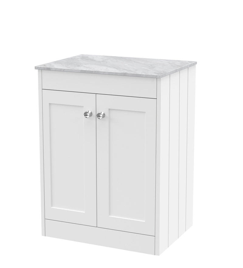 Old London Ashwick Satin White 600mm Floorstanding 2-Door Unit With Marble Top