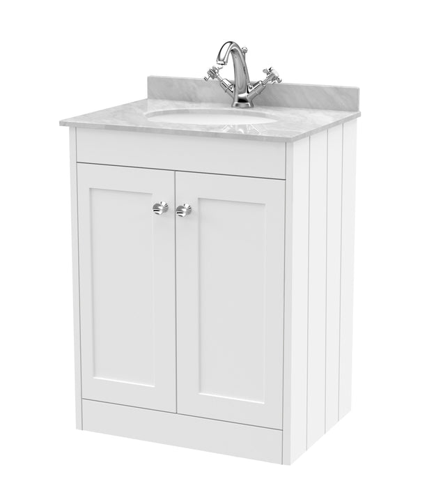 Old London Ashwick Satin White 600mm Floorstanding 2-Door Unit With Marble Top 1 Tap Hole